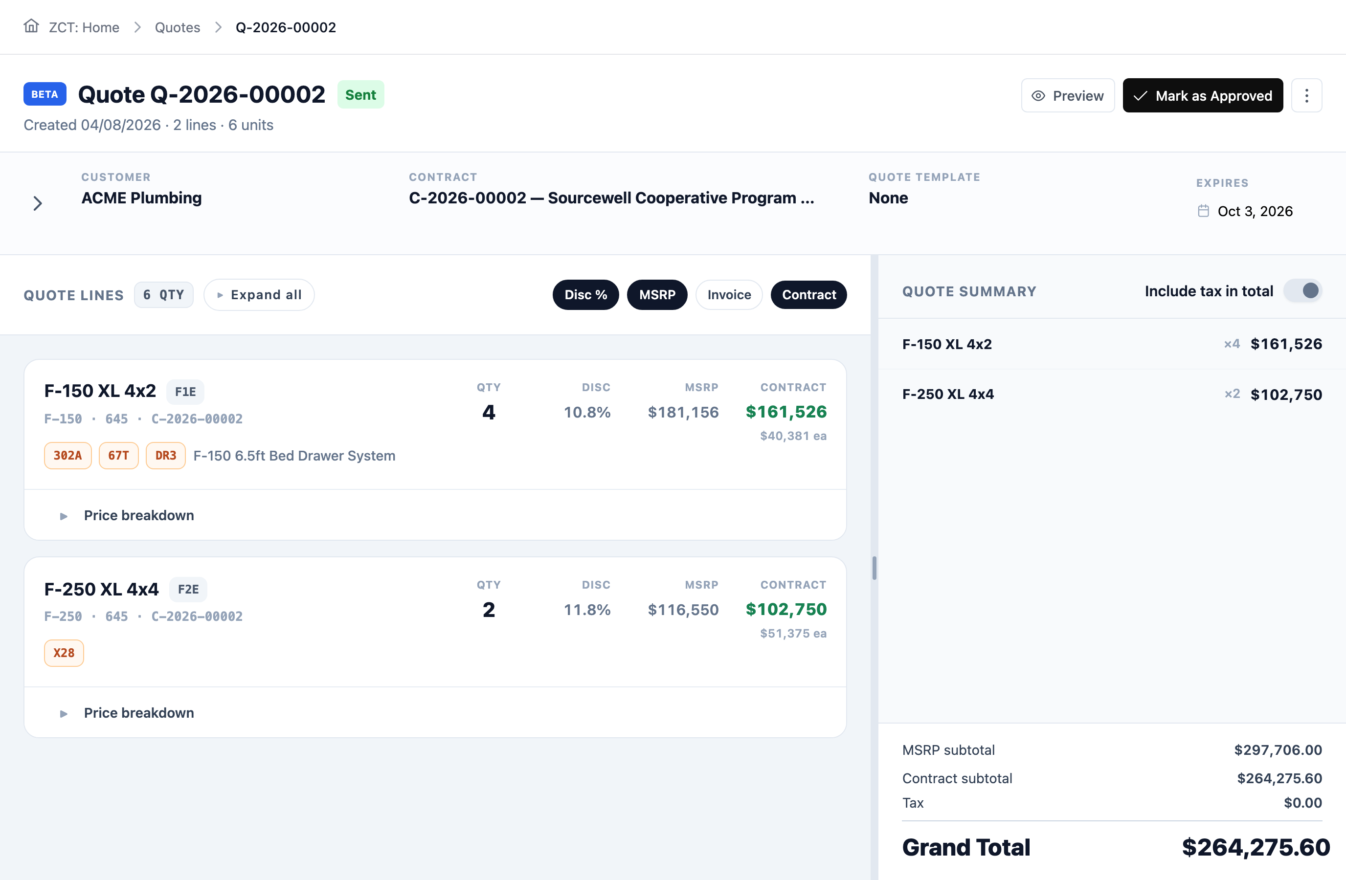 Carbotic quote Q-2026-00002, sent: two configured vehicle lines with option codes, discount, MSRP and contract pricing, beside a quote summary with subtotals and grand total.