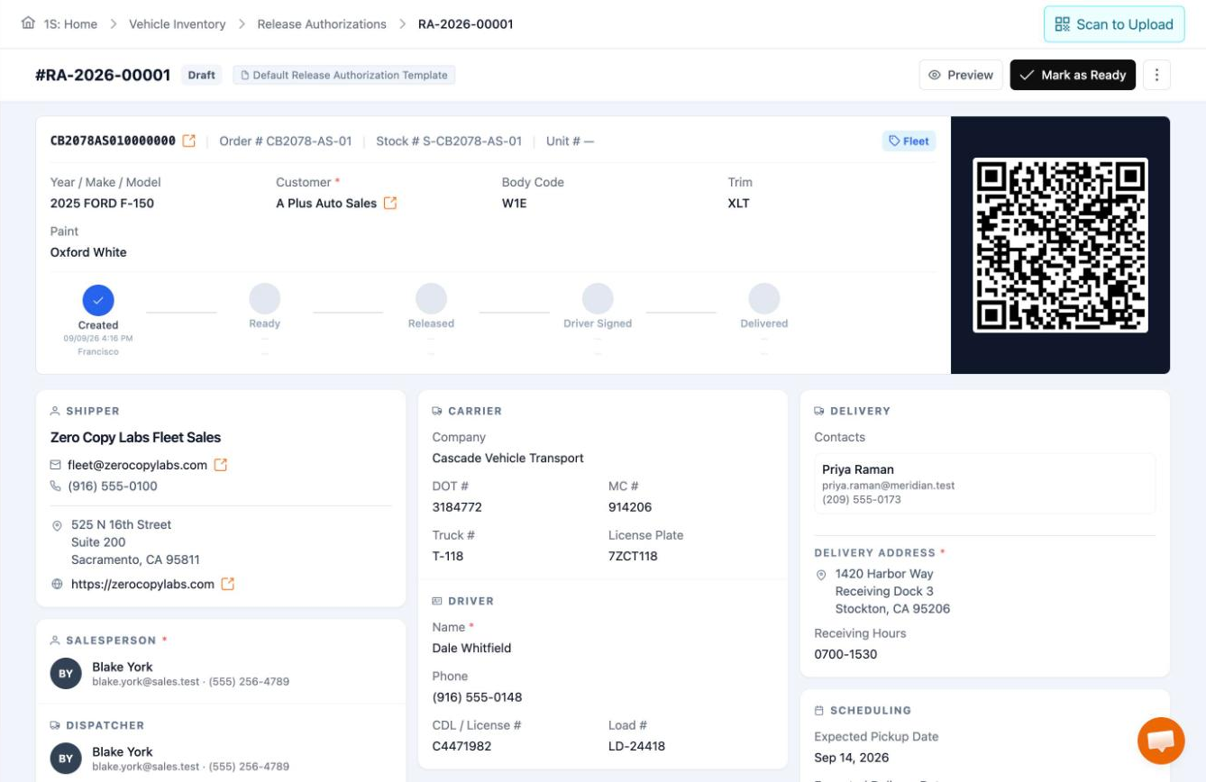 Carbotic release authorization RA-2026-00001 for a 2025 Ford F-150: a custody rail running Created, Ready, Released, Driver Signed, Delivered, beside carrier, driver and delivery cards and a QR code for signing at the dock.