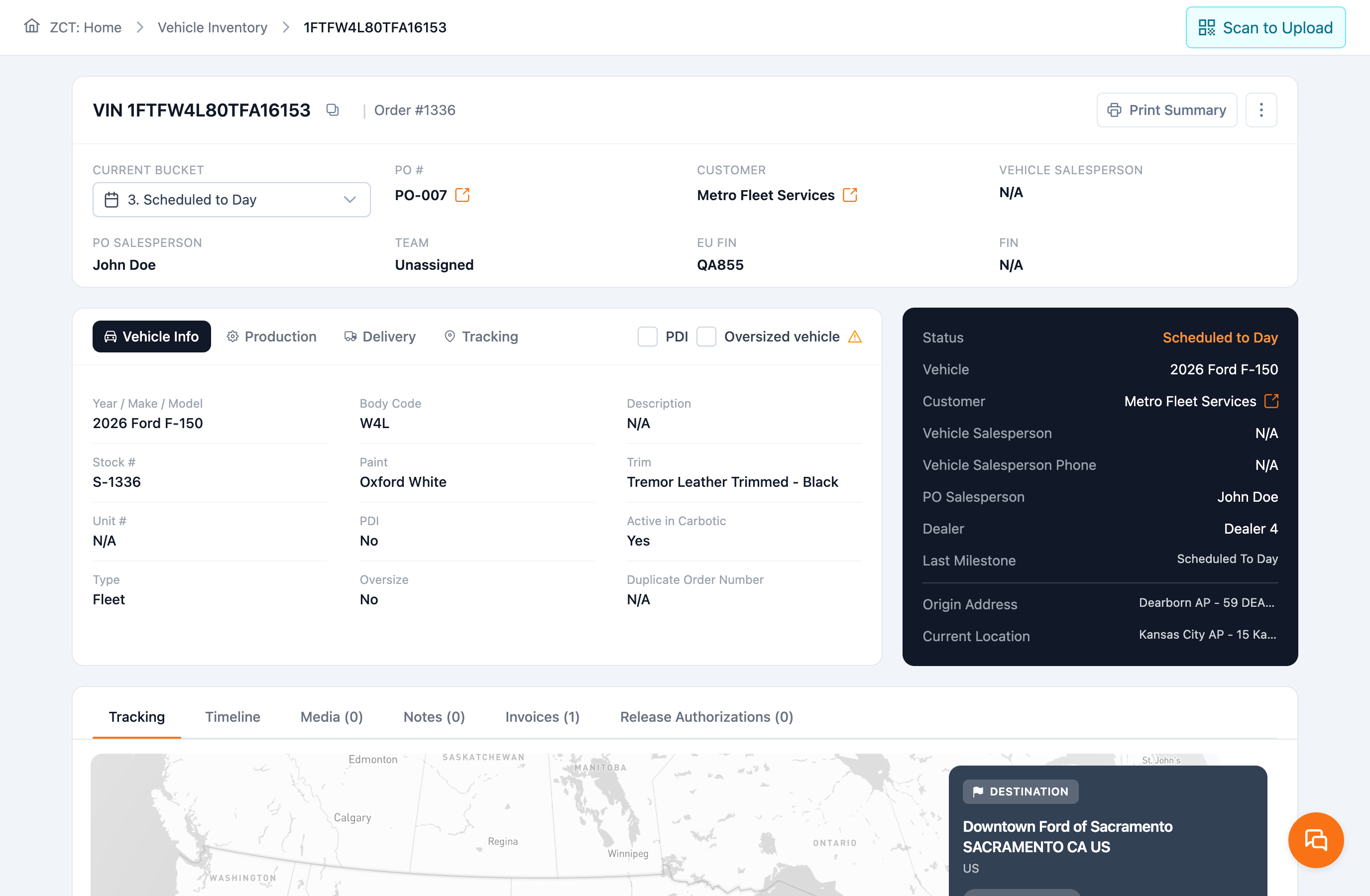Internal vehicle record: identity header, vehicle info tab, dark status panel and tracking map.